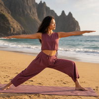 Sama Yoga Set of 2 (Top & Pants) 100% Cotton Sleeveless V Neck Short Top with Side Tie and mid waist pants Elasticised back tapered fit with box pleats- In Rose Pink