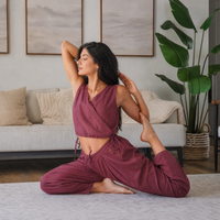 Sama Yoga Set of 2 (Top & Pants) 100% Cotton Sleeveless V Neck Short Top with Side Tie and mid waist pants Elasticised back tapered fit with box pleats- In Rose Pink