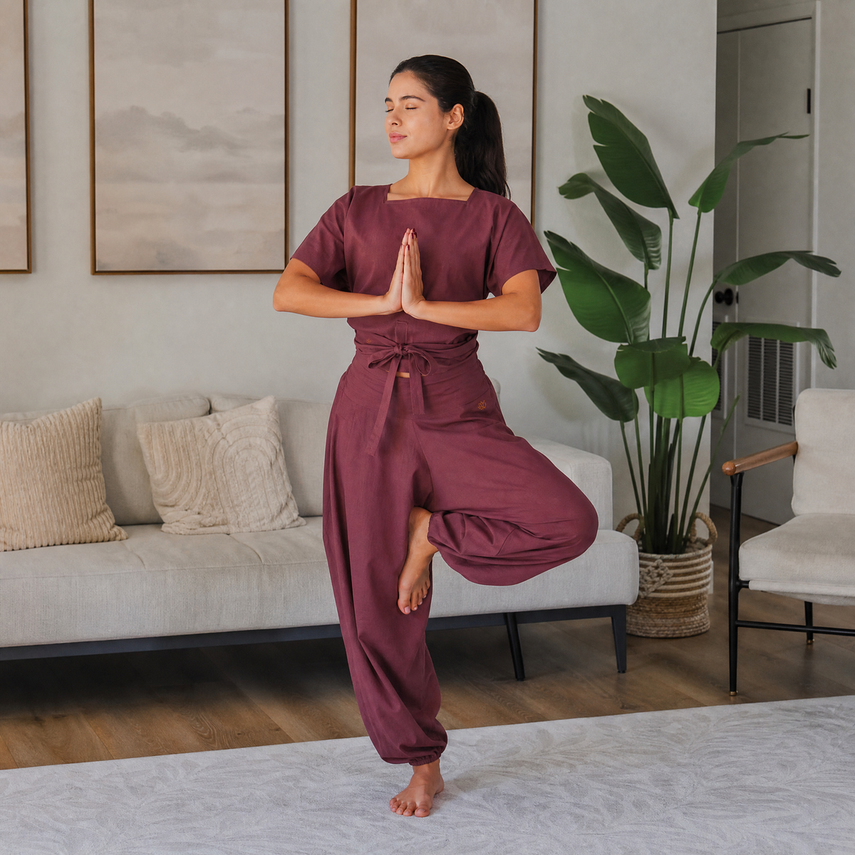 Women 100% Cotton Zero Waste Cotton Yoga Harem Pants and Yoga Top Set - In Rose Pink — view 11