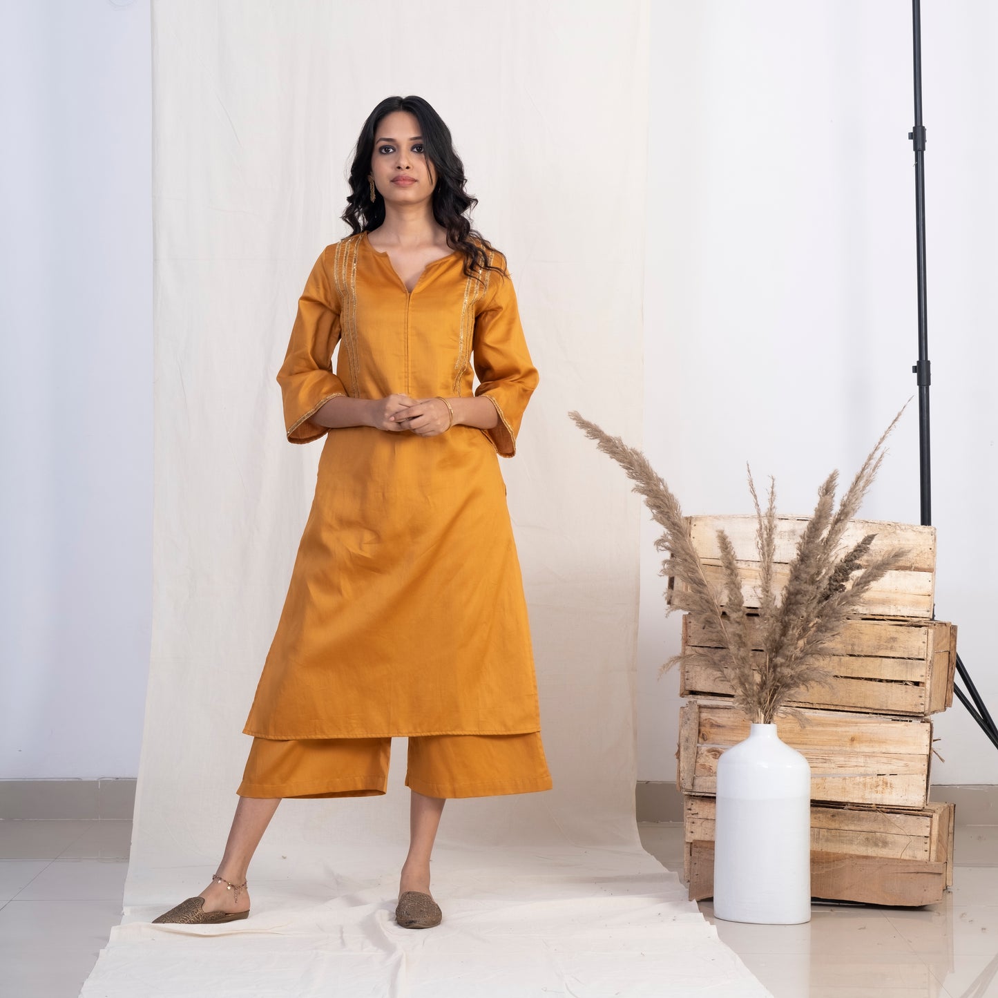 Gold Round with front Slit Neck Kurta