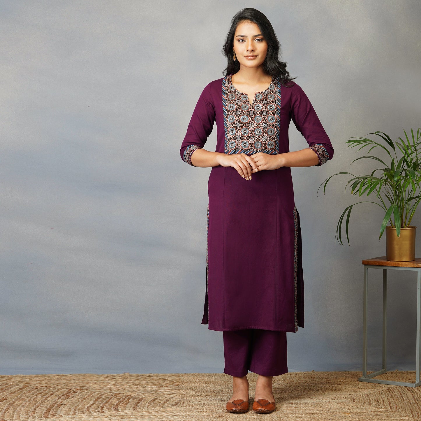 Mulberry (Purple) Straight Kurta with Ajrak Yoke in Zari Embroidery Set with Pants (Set of 2)