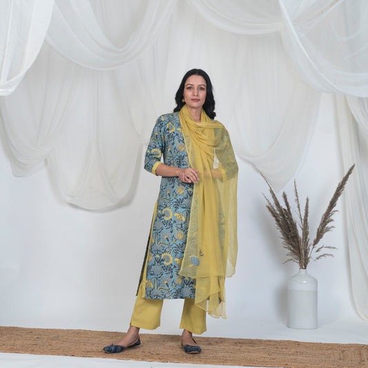 V Nech Kurta Set with Embroidery and Lace Detail in Blue and Yellow with solid pants and embroidered Dupatta