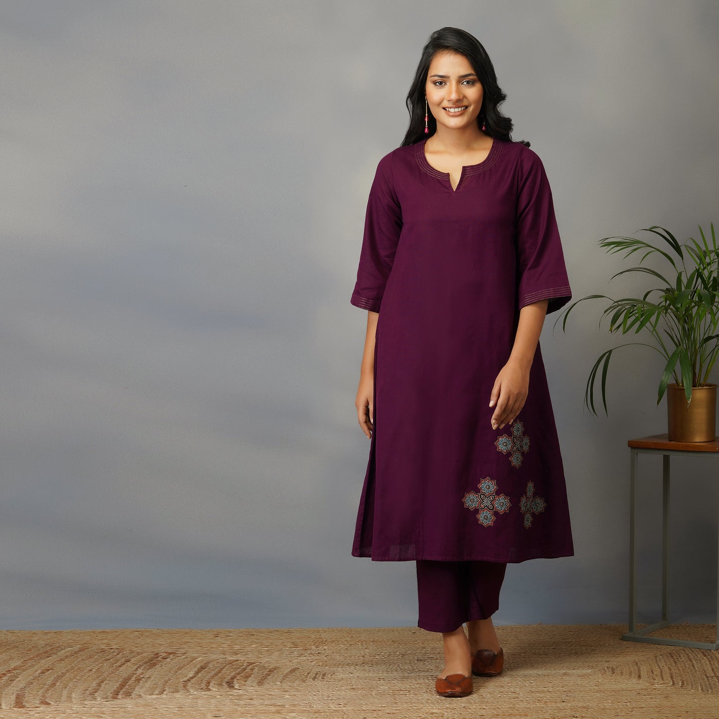 Mulberry (Purple) A Line Kurta with Handblock Ajrak Patch Work