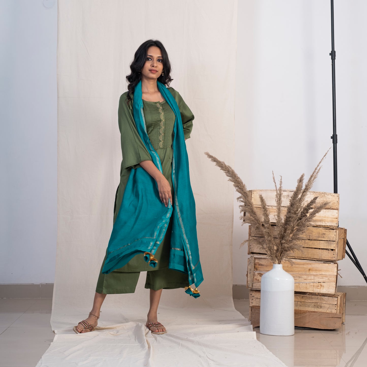 Green Round Neck with pintucks Set With Plazzo and Blue Dupatta