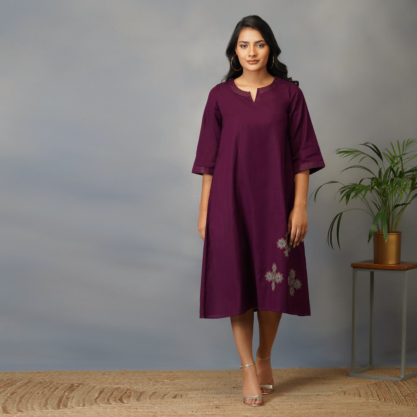 Mulberry (Purple) A Line Dress with Handblock Ajrak Patch Work