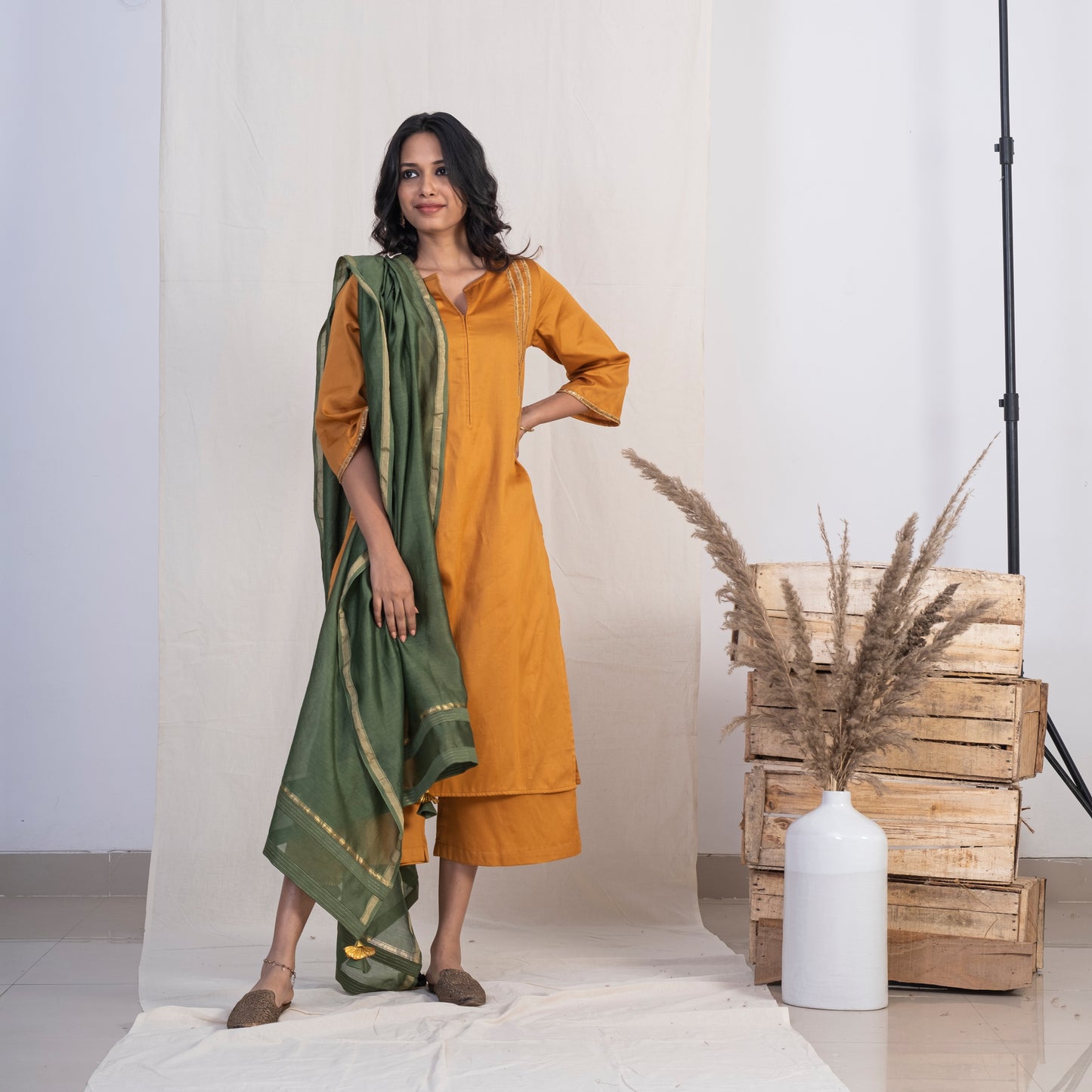 Gold Round with front Slit Neck Kurta Set With Plazzo and Green Dupatta
