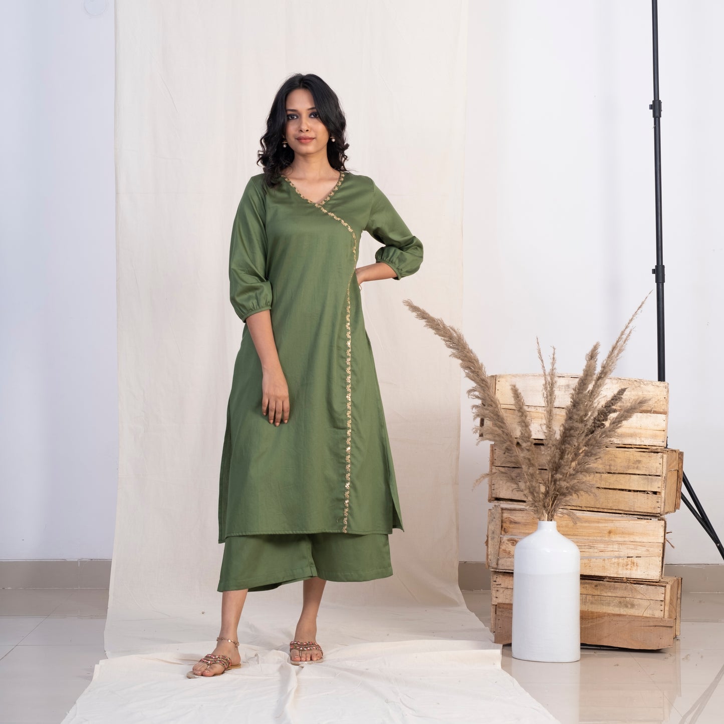 Green Angrakha Embroided Kurta