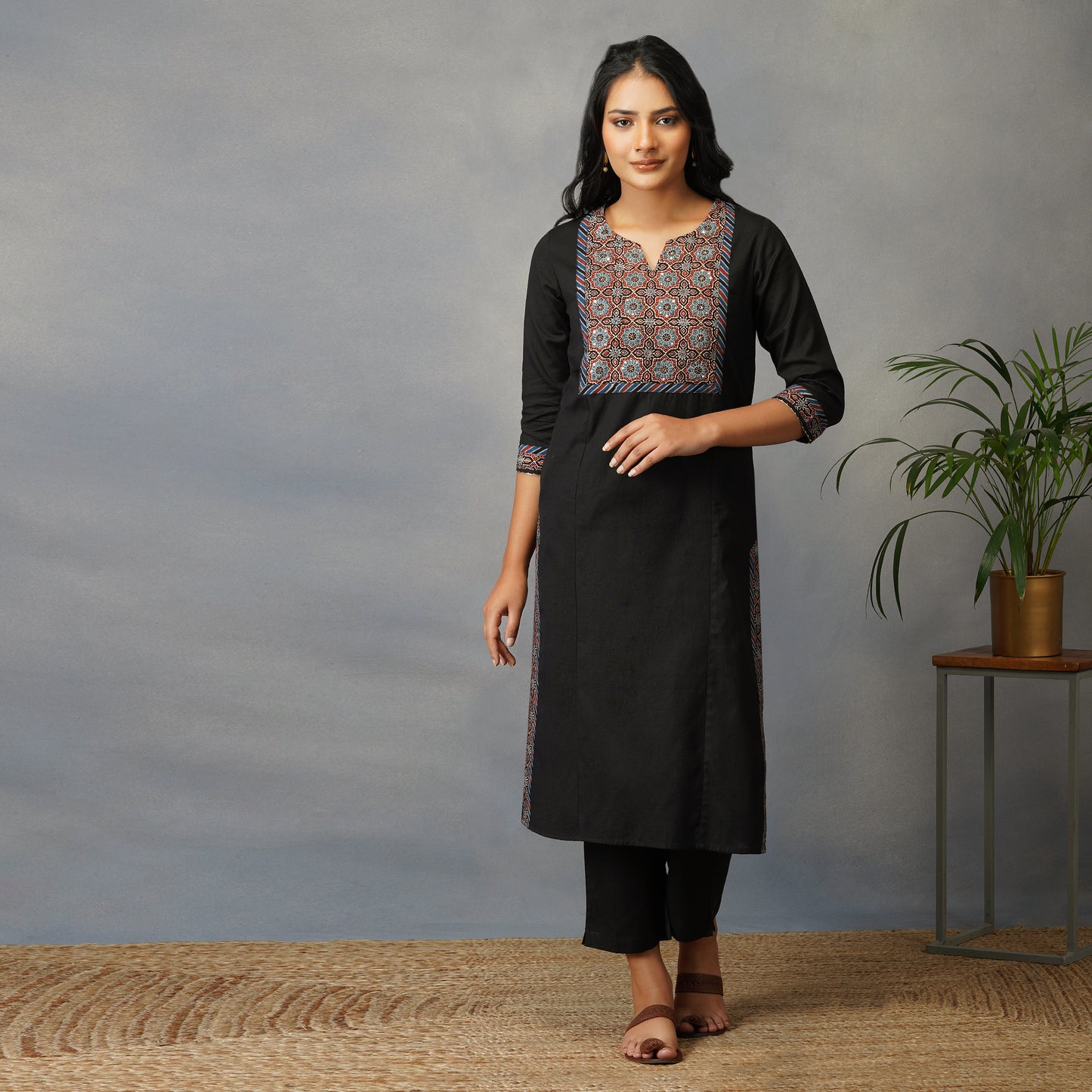 Black Straight Kurta with Ajrak Yoke in Zari Embroidery