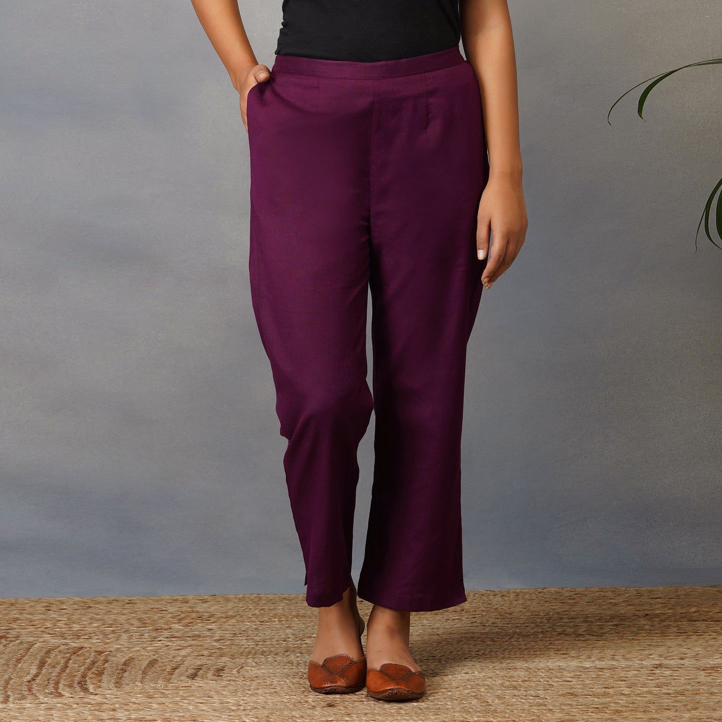 Mulberry (Purple) Straight Kurta with Ajrak Yoke in Zari Embroidery Set with Pants (Set of 2)