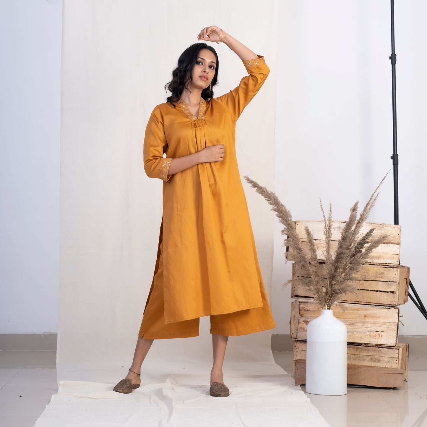 Gold V Neck Multiple pleats Kurta