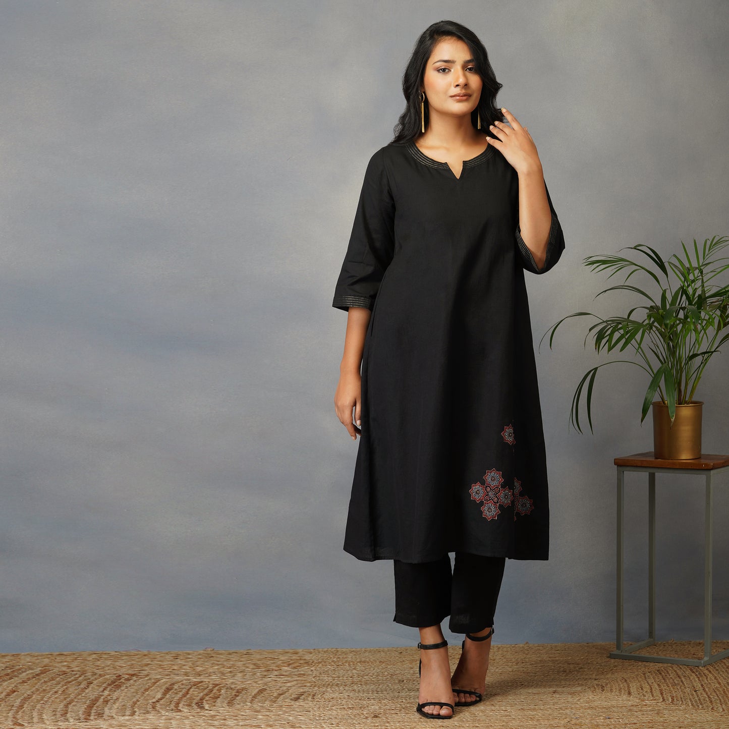 Black A Line Kurta with Handblock Ajrak Patch Work