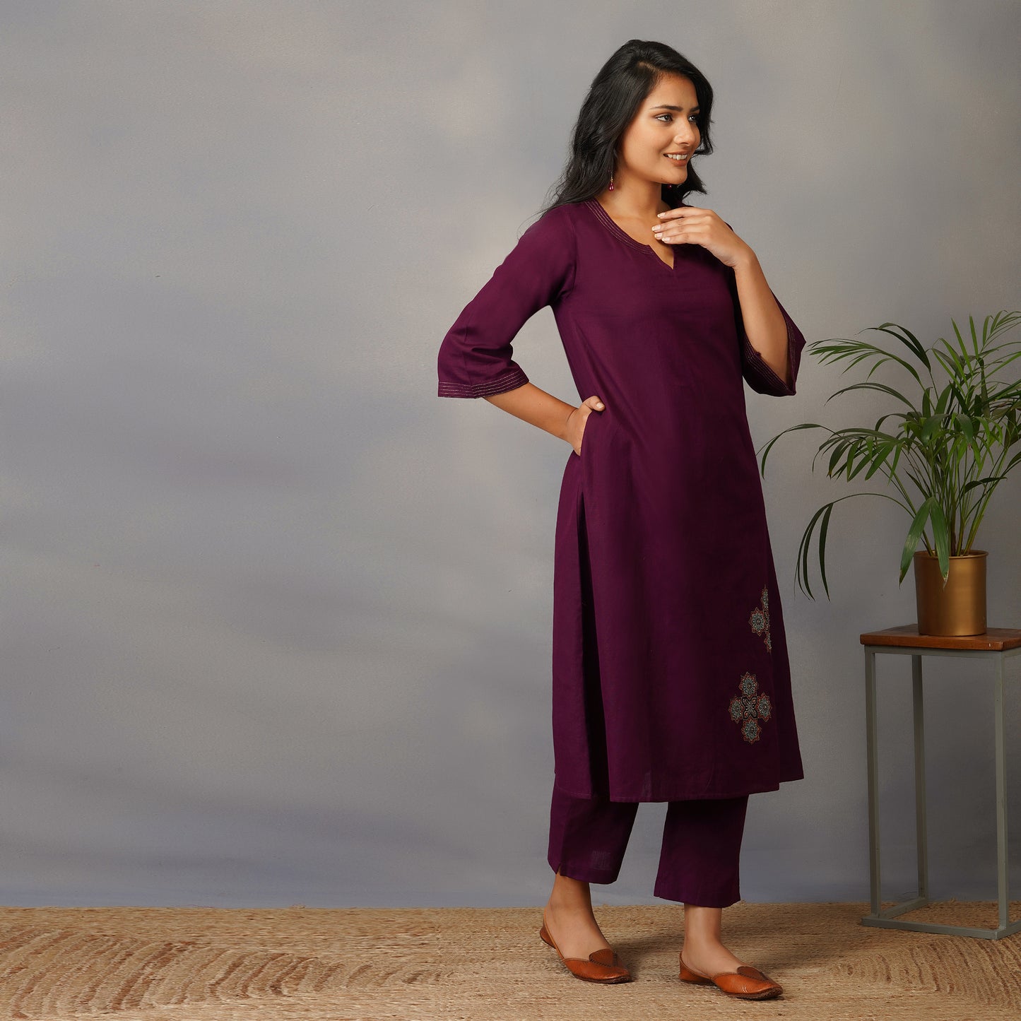 Mulberry (Purple) A Line Kurta with Handblock Ajrak Patch Work