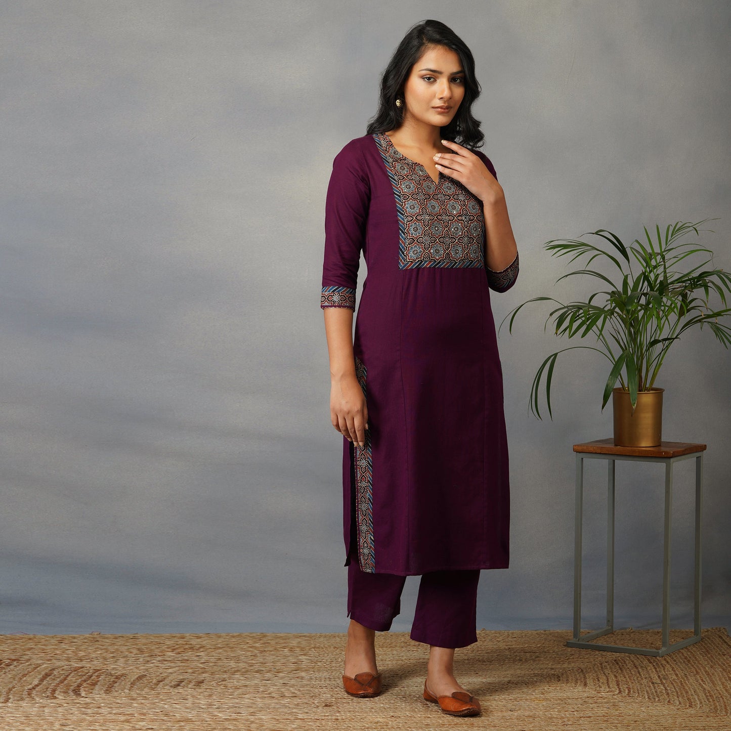 Mulberry (Purple) Straight Kurta with Ajrak Yoke in Zari Embroidery Set with Pants (Set of 2)