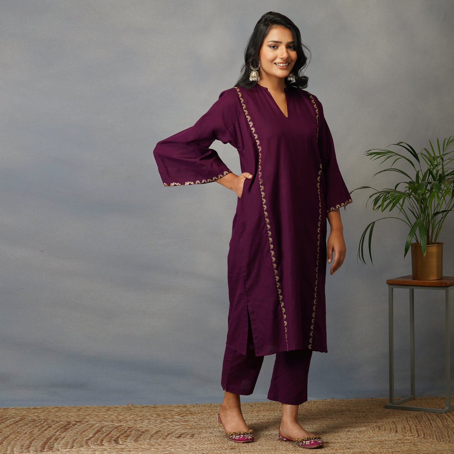 Mulberry (Purple) Phiran Style Kurta with Zari Embroidery Set with Pants (set of 2)