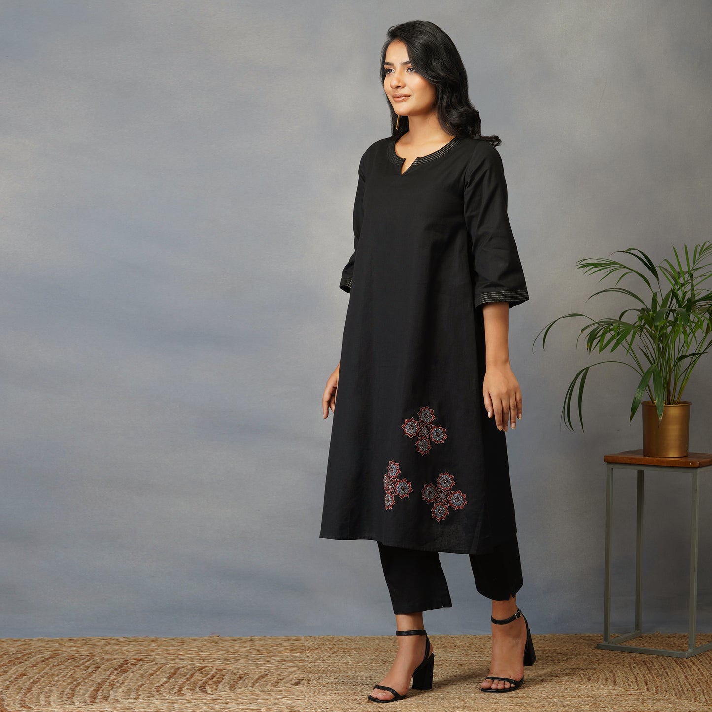 Black A Line Kurta with Handblock Ajrak Patch Work