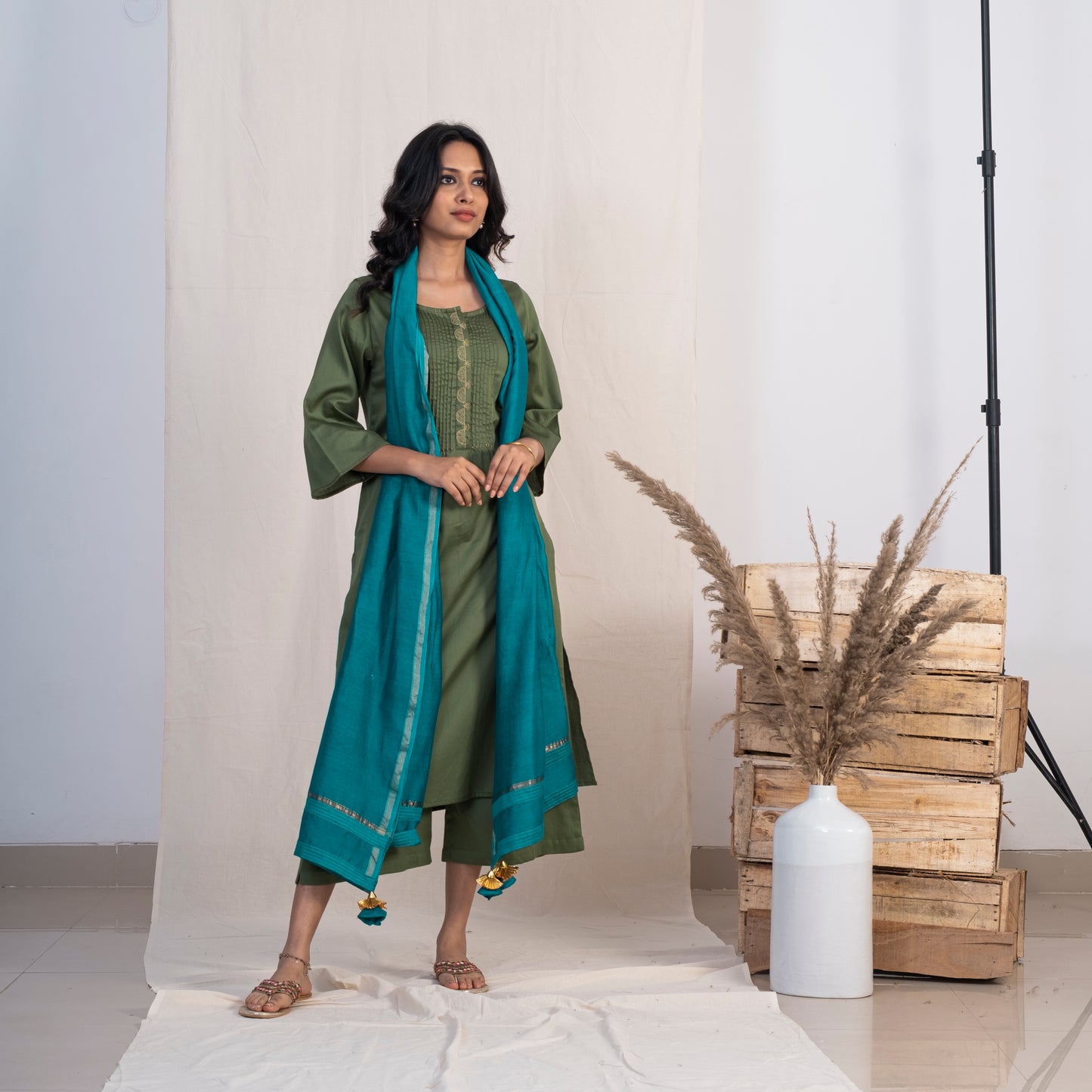 Green Round Neck with pintucks Set With Plazzo and Blue Dupatta