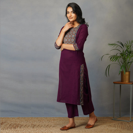 Mulberry (Purple) Straight Kurta with Ajrak Yoke in Zari Embroidery Set with Pants (Set of 2)