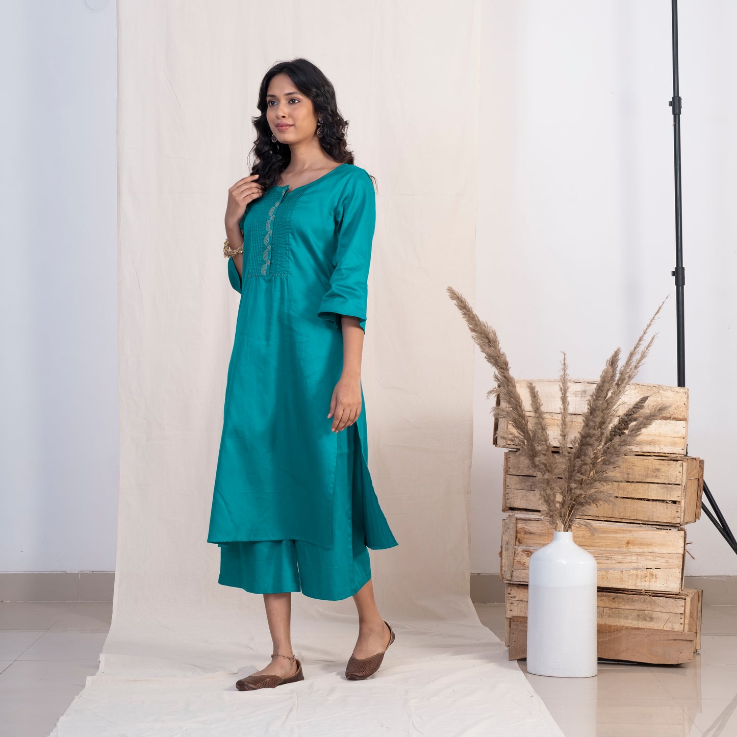 Blue  Round Neck with pintucks Set With Plazzo and Green Dupatta