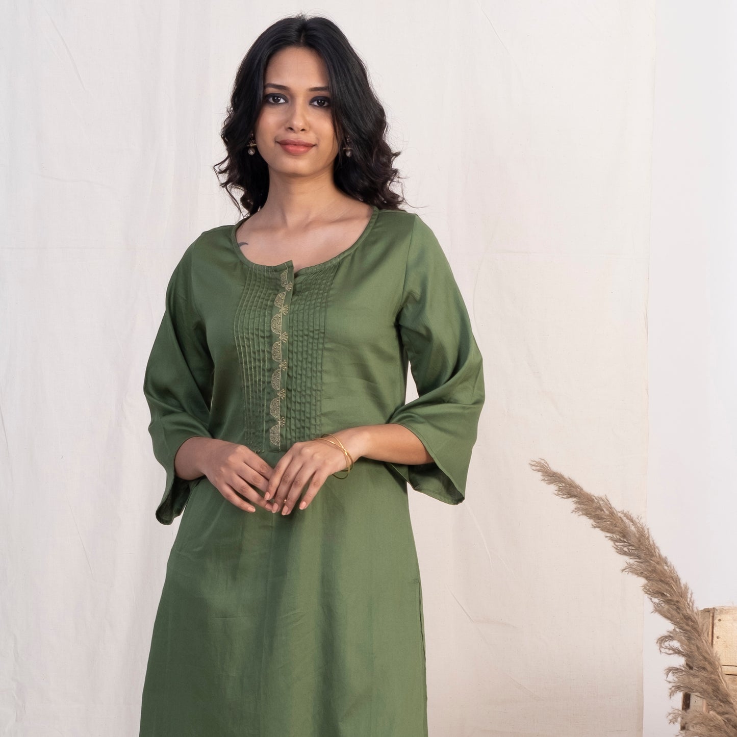 Green Round Neck with pintucks Set With Plazzo and Gold Dupatta