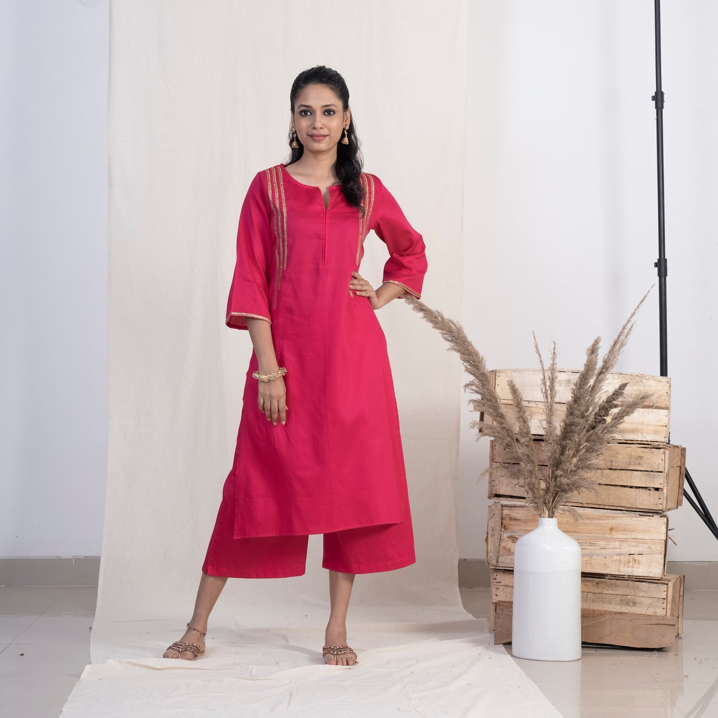 Pink Round with front Slit Neck Kurta Set With Plazzo and Gold Dupatta
