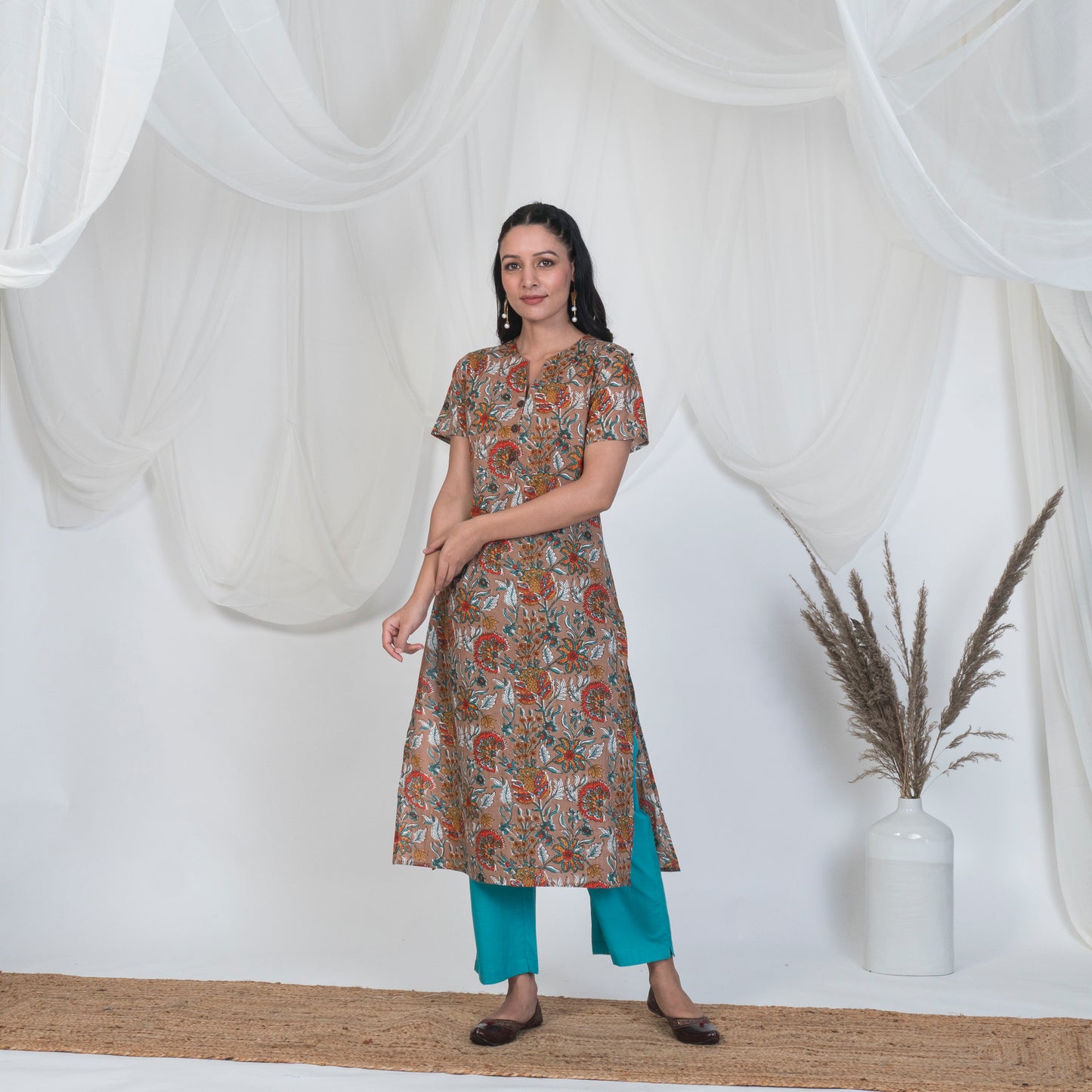 Hazel Brown Kurta Set with wooden buttons and Solid Pants