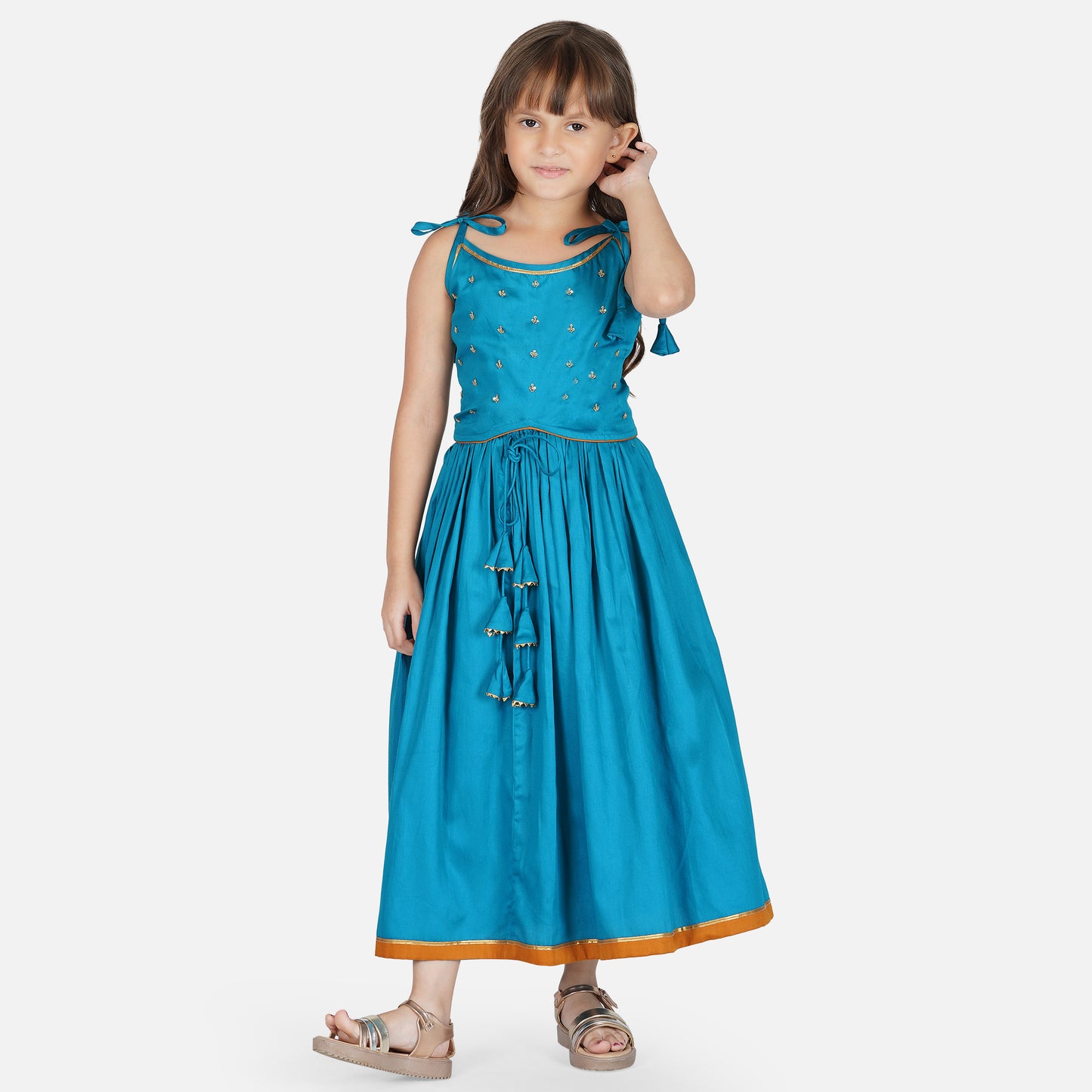 Kids Blue Spaghetti Strapped Lehenga with Dupatta (Set of 3)