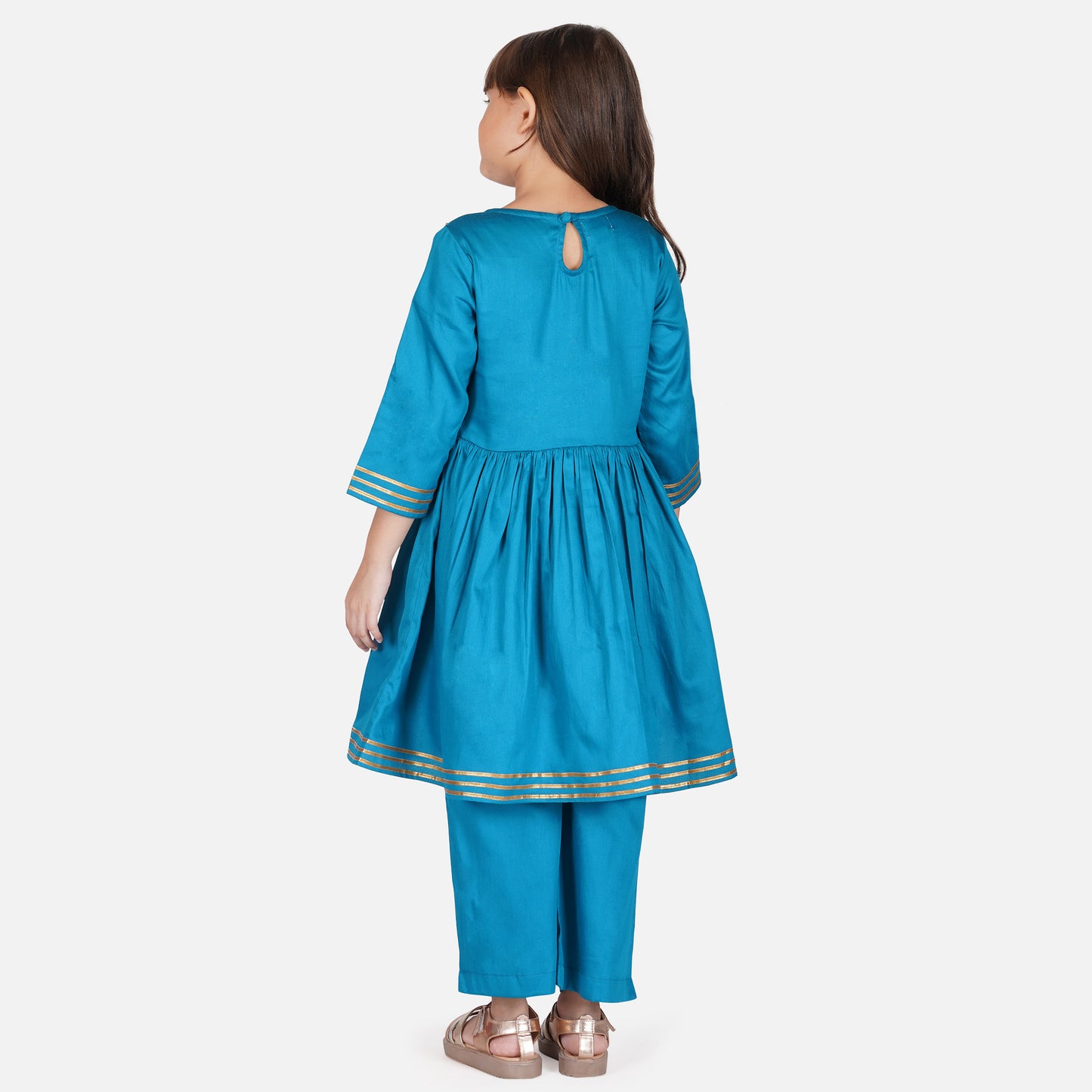 Kids Blue Flared Short Kurta with Pants & Dupatta (Set of 3)