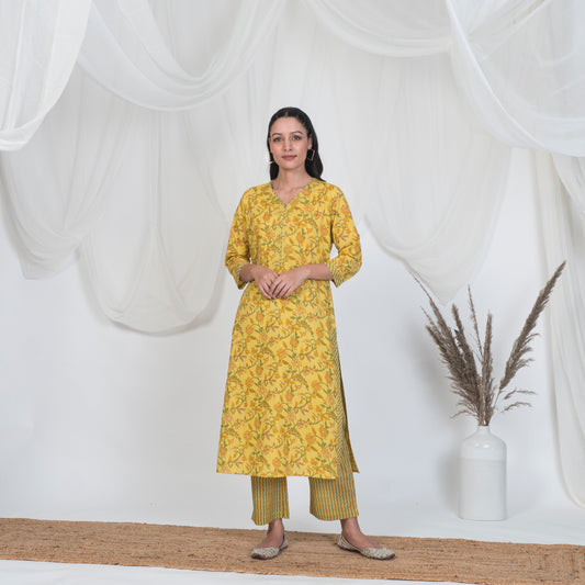 V Nech Kurta with Embroidery and Lace Detail in Yellow Print