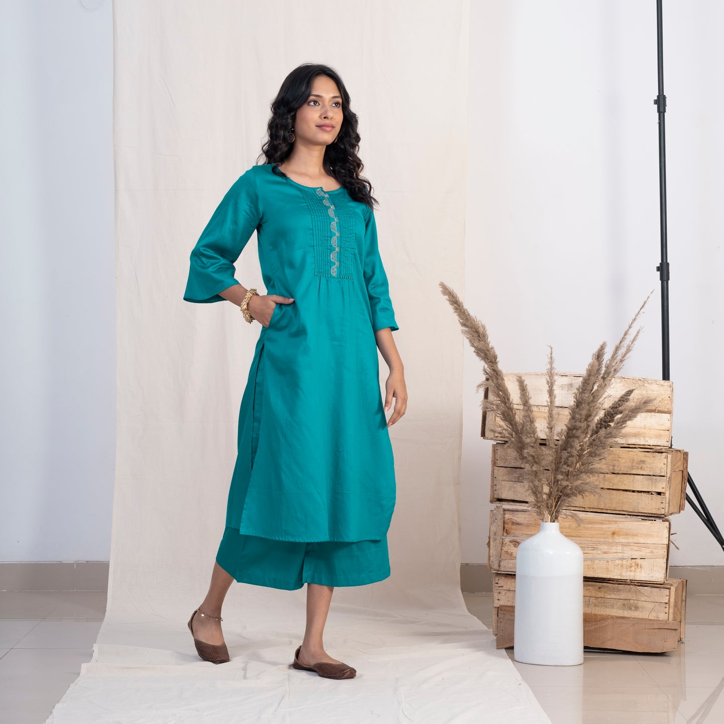Blue  Round Neck with pintucks Set With Plazzo and Green Dupatta