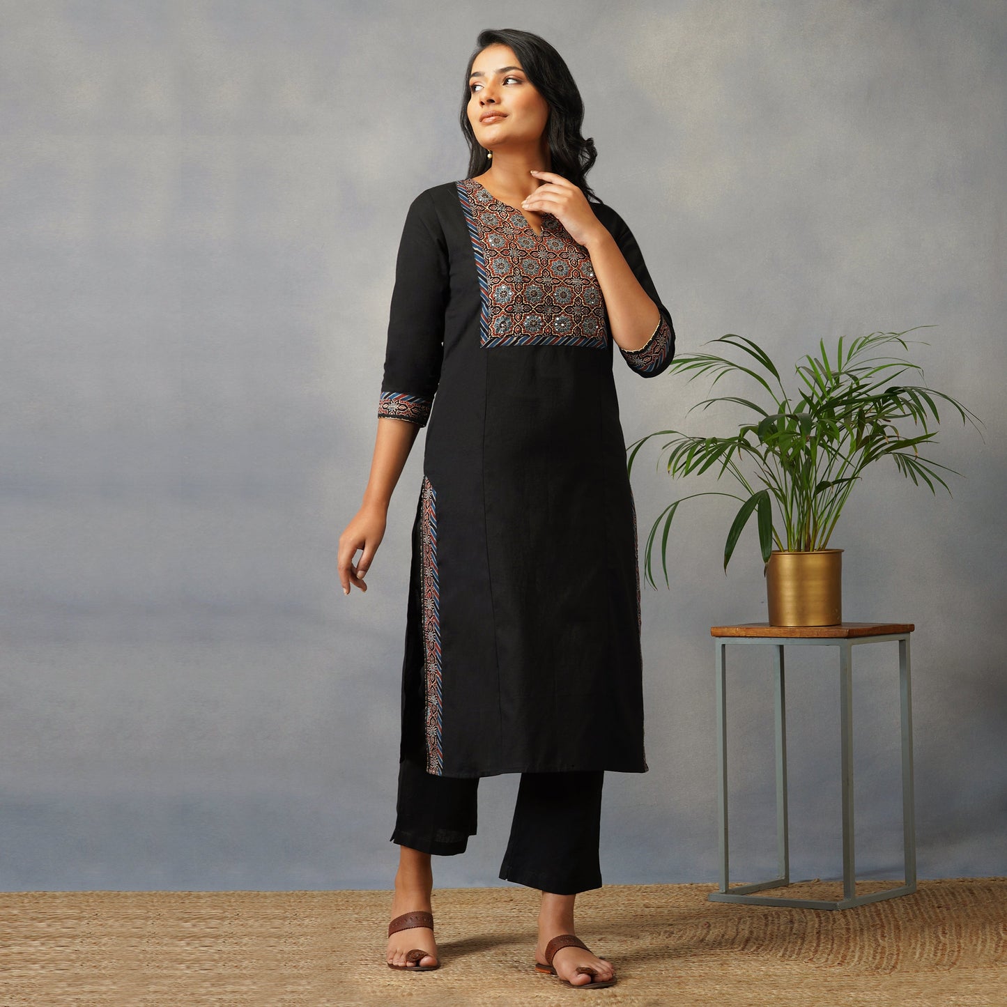 Black Straight Kurta with Ajrak Yoke in Zari Embroidery Set with Pants (Set of 2)