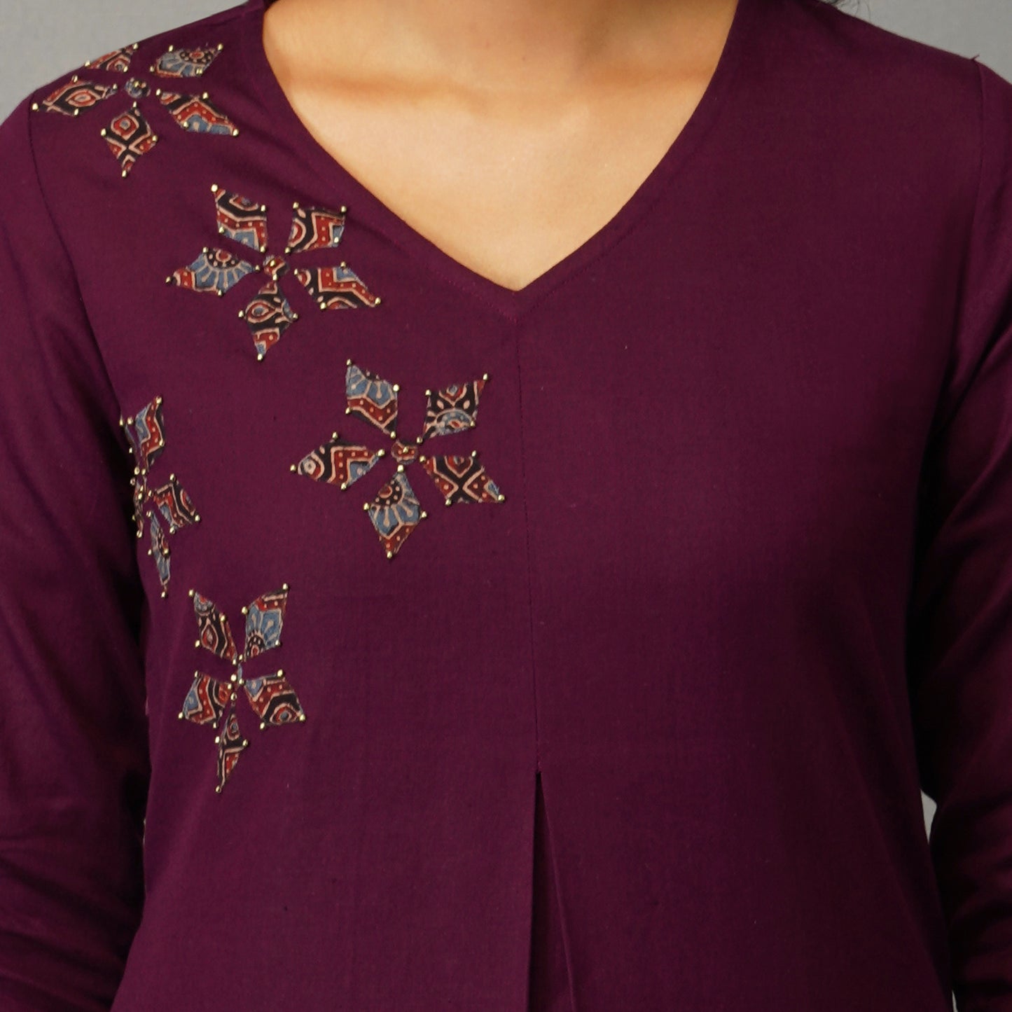 Mulberry (Purple) Straight Kurta with Ajrak Applique work