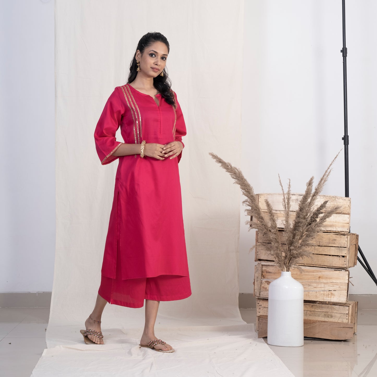 Pink Round with front Slit Neck Kurta Set With Plazzo and Gold Dupatta