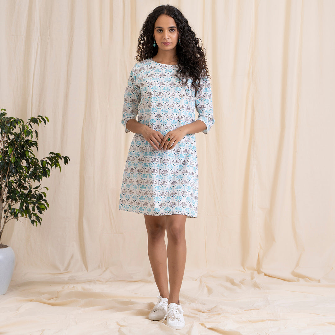 Blue Grey Shift Dress with Sleeves