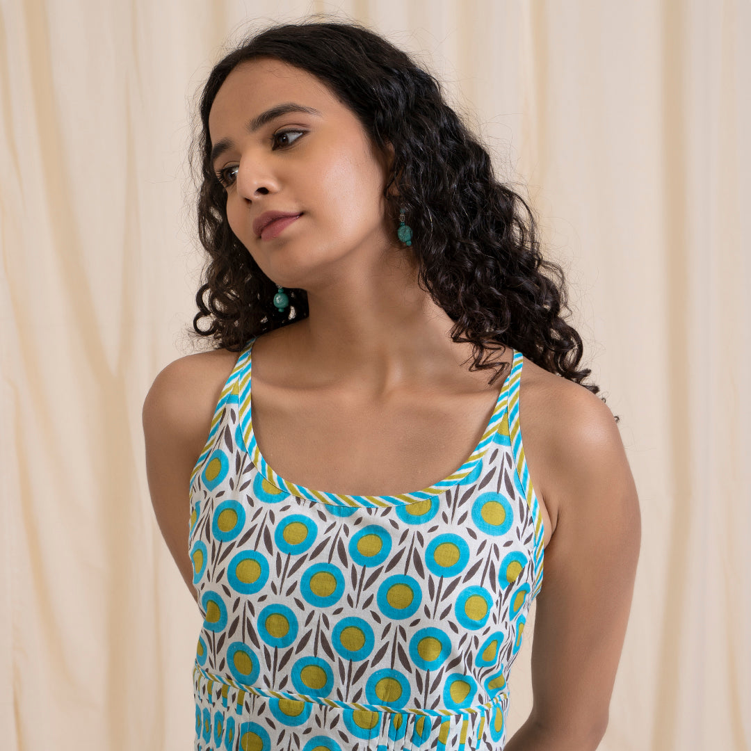 Blue Green Spaghetti Top with Cross Back