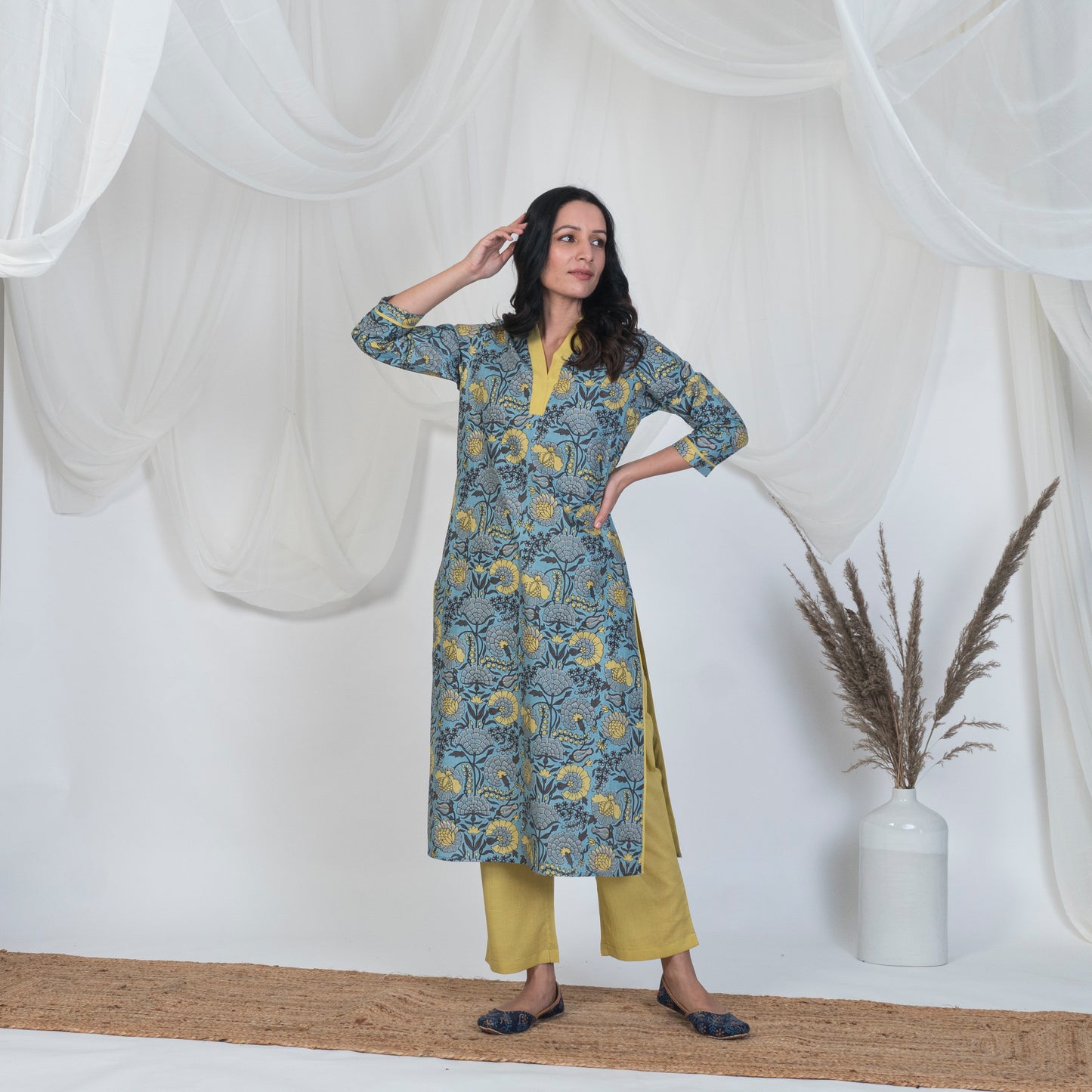 V Neck Kurta Set in Blue and Yellow with Solid pants and Embroidered Dupatta