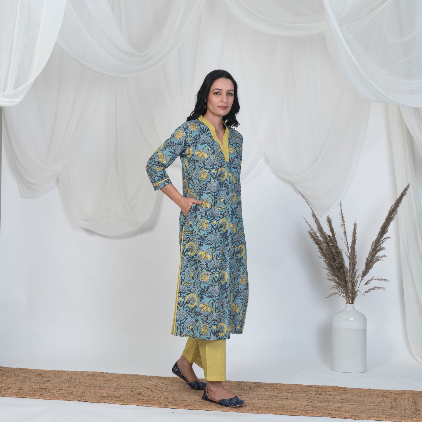 V Neck Kurta in Blue and Yellow