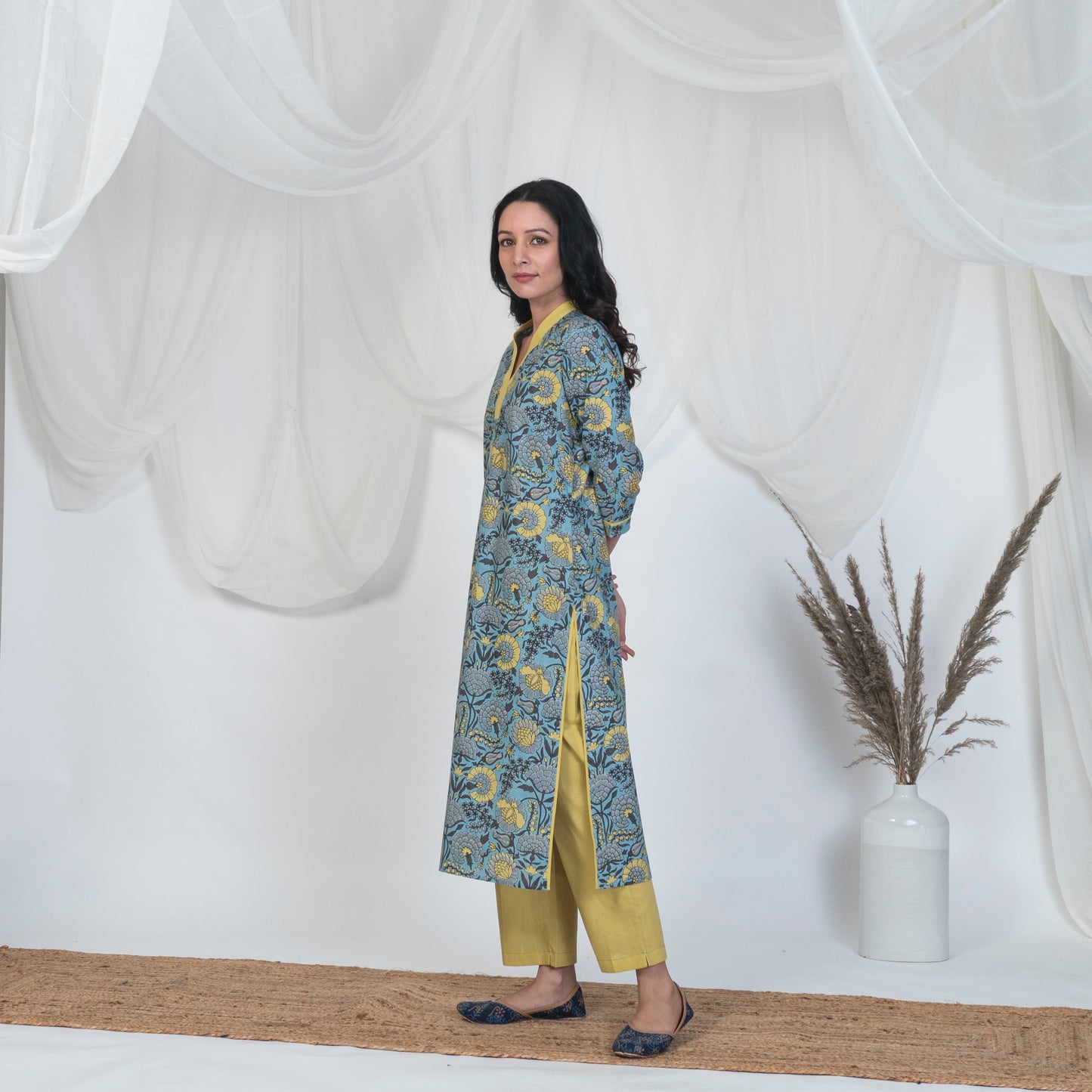 V Neck Kurta Set in Blue and Yellow with Solid pants and Embroidered Dupatta