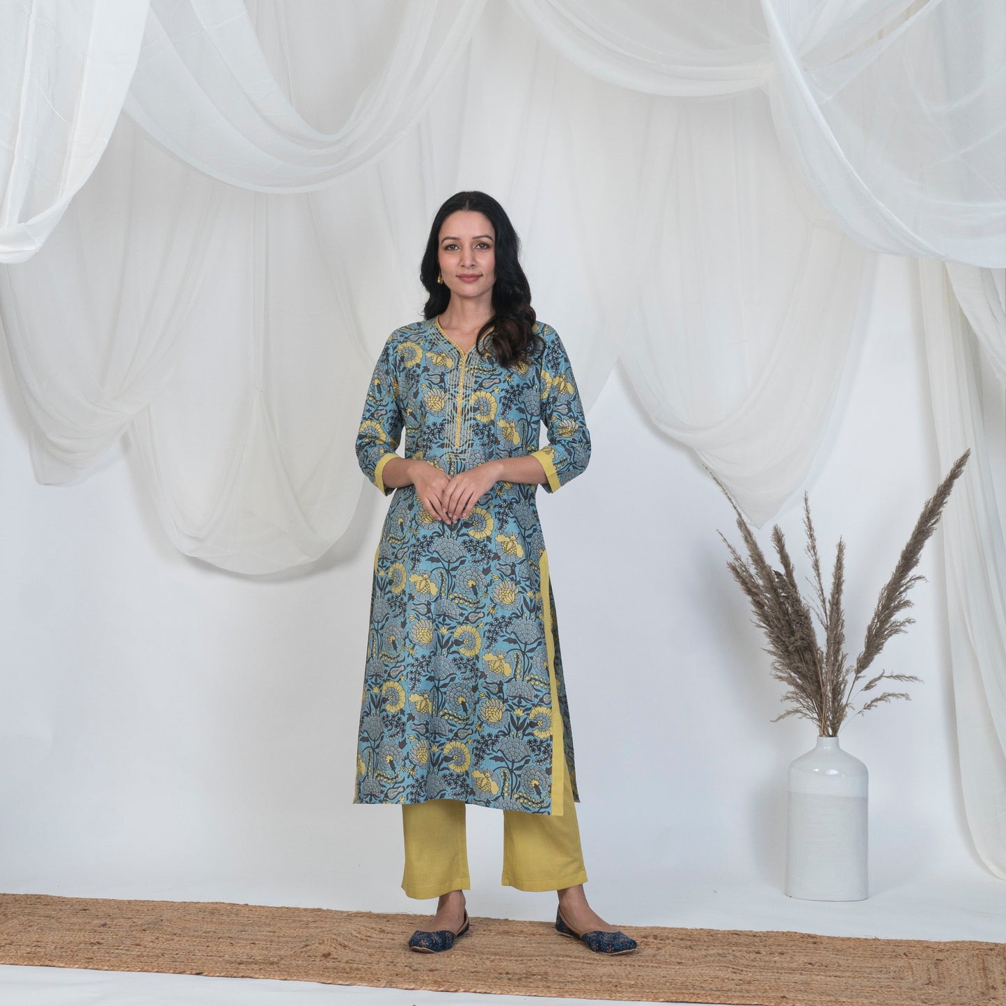 V Nech Kurta Set with Embroidery and Lace Detail in Blue and Yellow with solid pants
