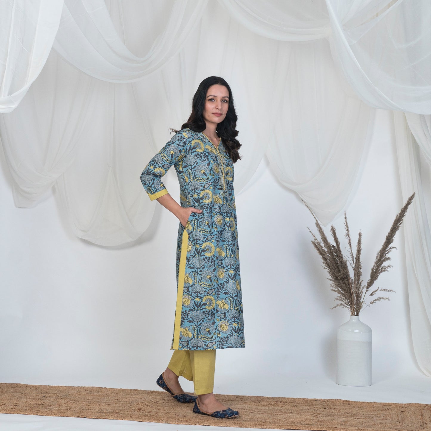 V Nech Kurta Set with Embroidery and Lace Detail in Blue and Yellow with solid pants