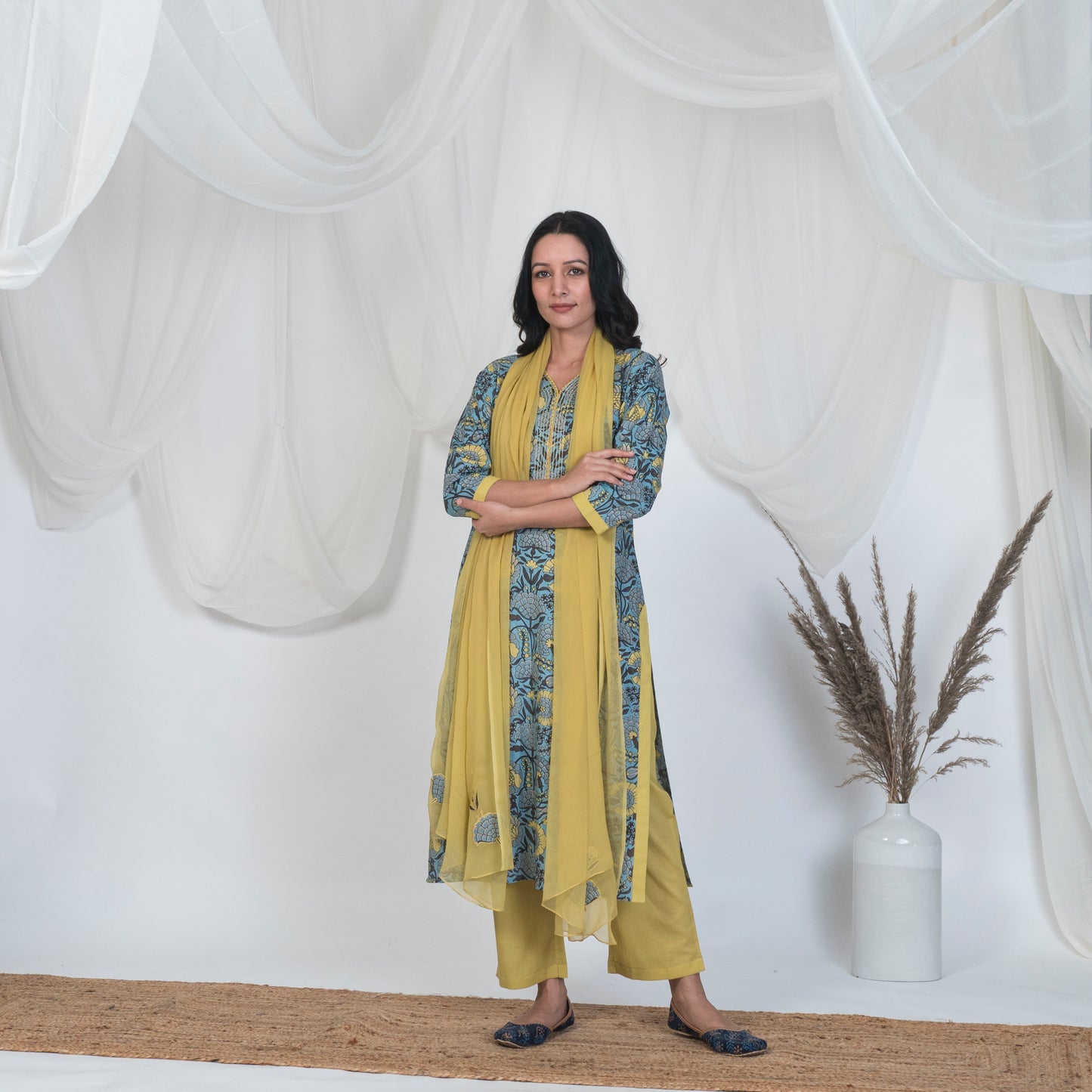 V Nech Kurta Set with Embroidery and Lace Detail in Blue and Yellow with solid pants and embroidered Dupatta
