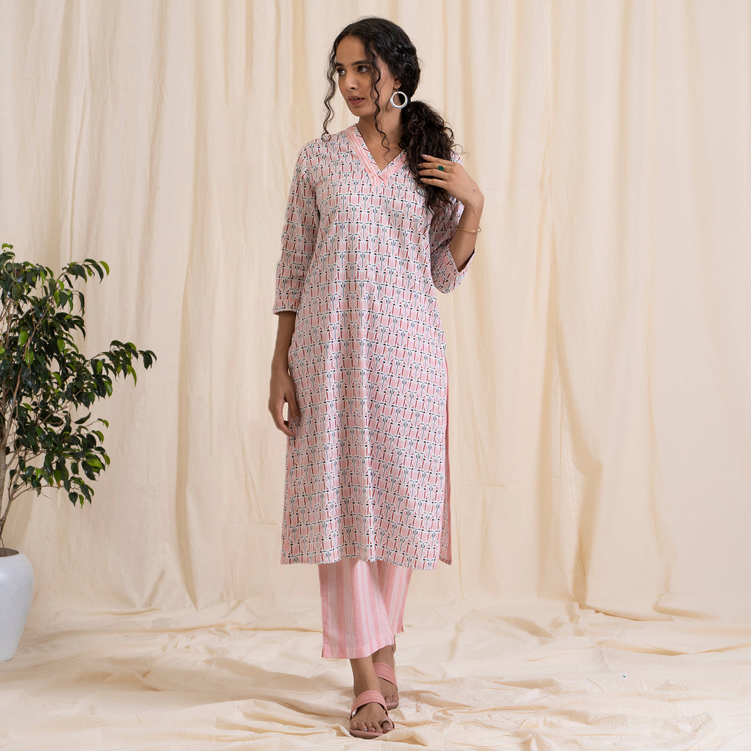 Pink Tribal Print V Nech Kurta