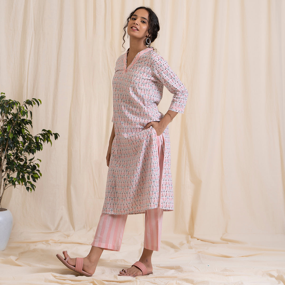 Pink Tribal Print V Nech Kurta