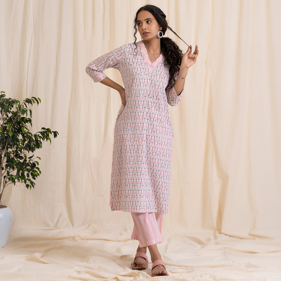 Pink Tribal Print V Nech Kurta