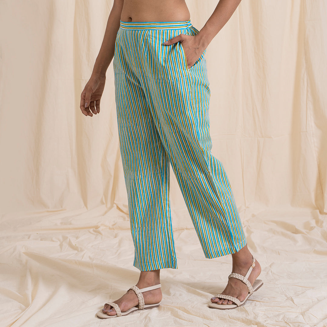 Straight Pajama Pants - Green & Grey Stripes