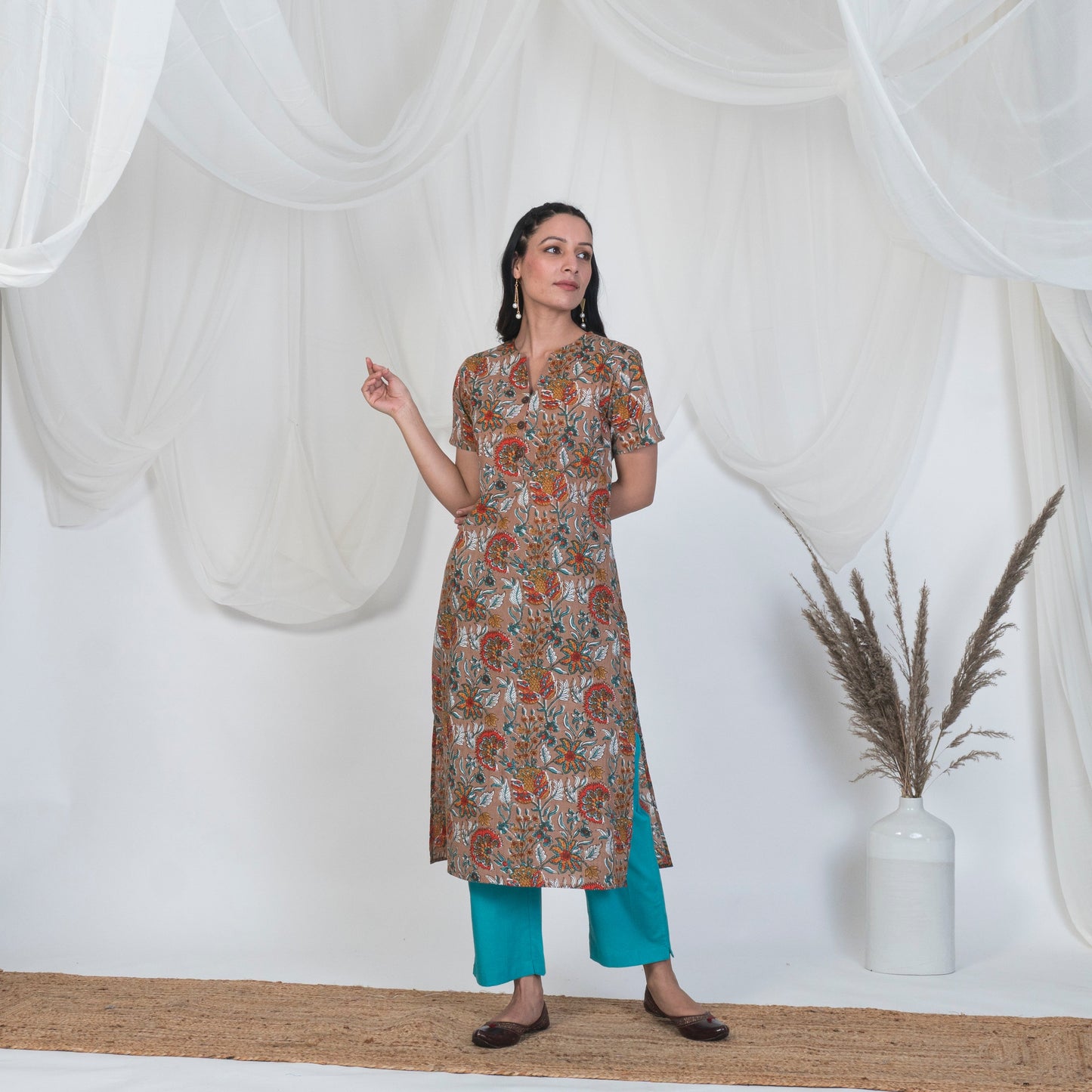 Hazel Brown Kurta Set with wooden buttons and Solid Pants