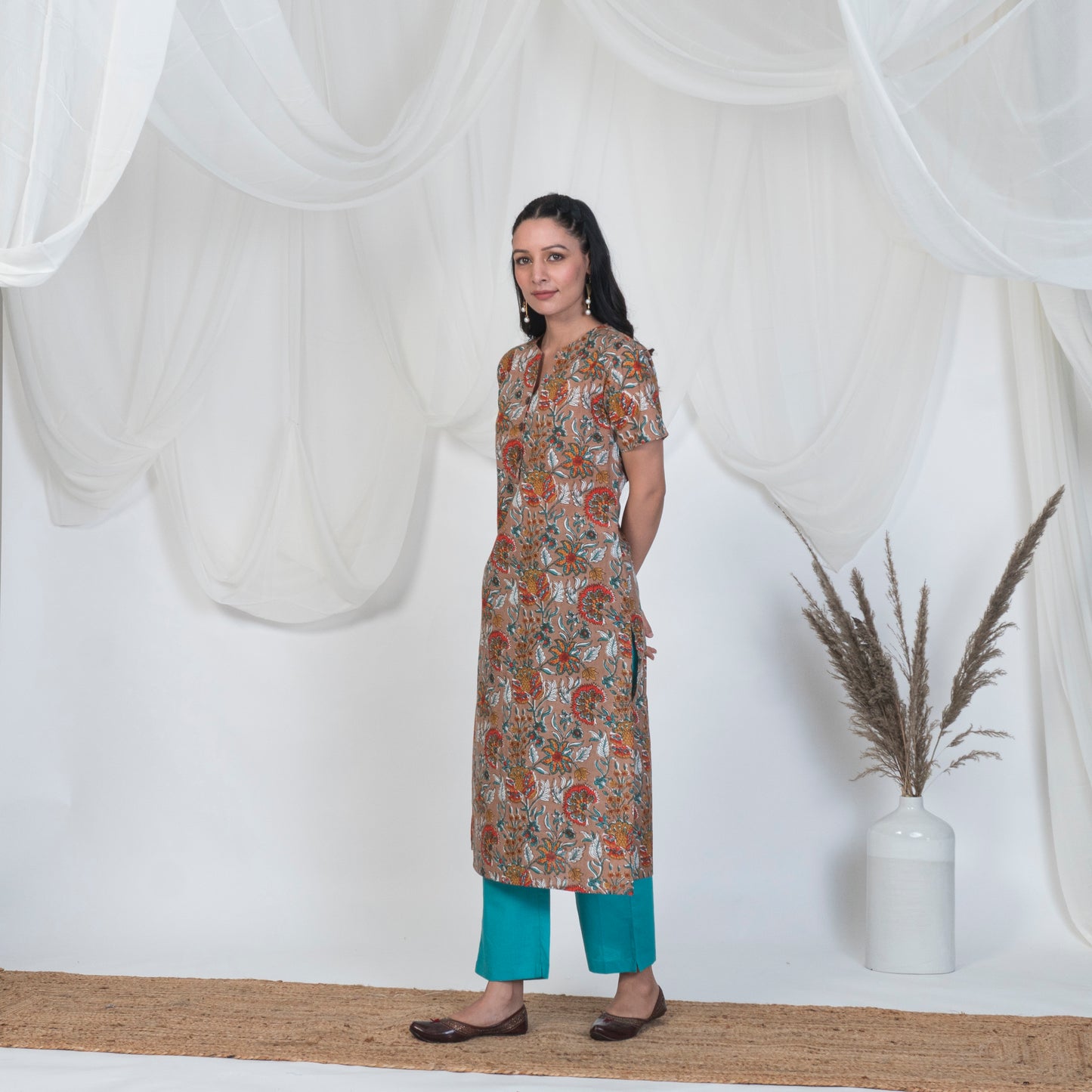 Hazel Brown Kurta Set with wooden buttons, Solid Pants and Emrboidered Dupatta
