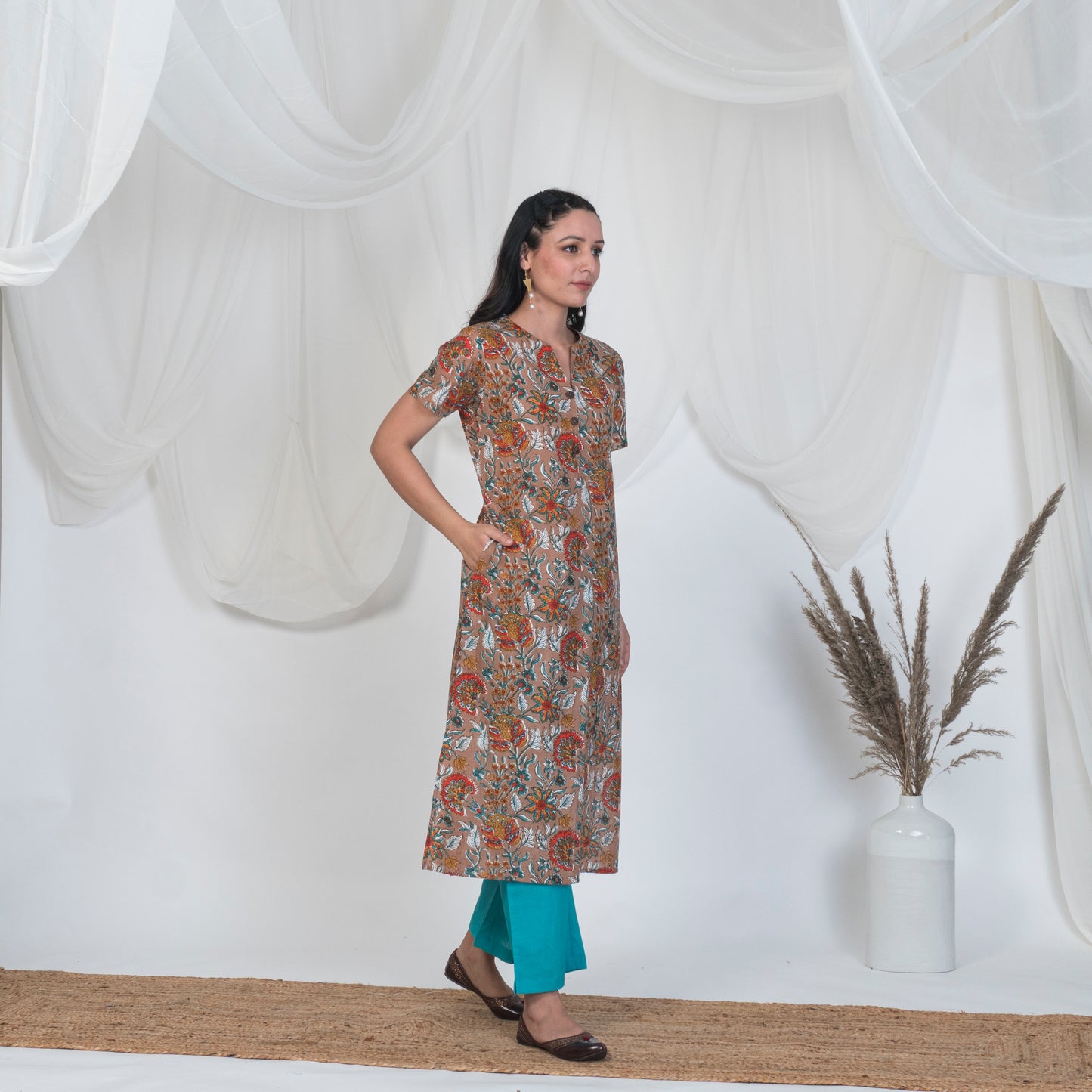 Hazel Brown Kurta Set with wooden buttons, Solid Pants and Emrboidered Dupatta