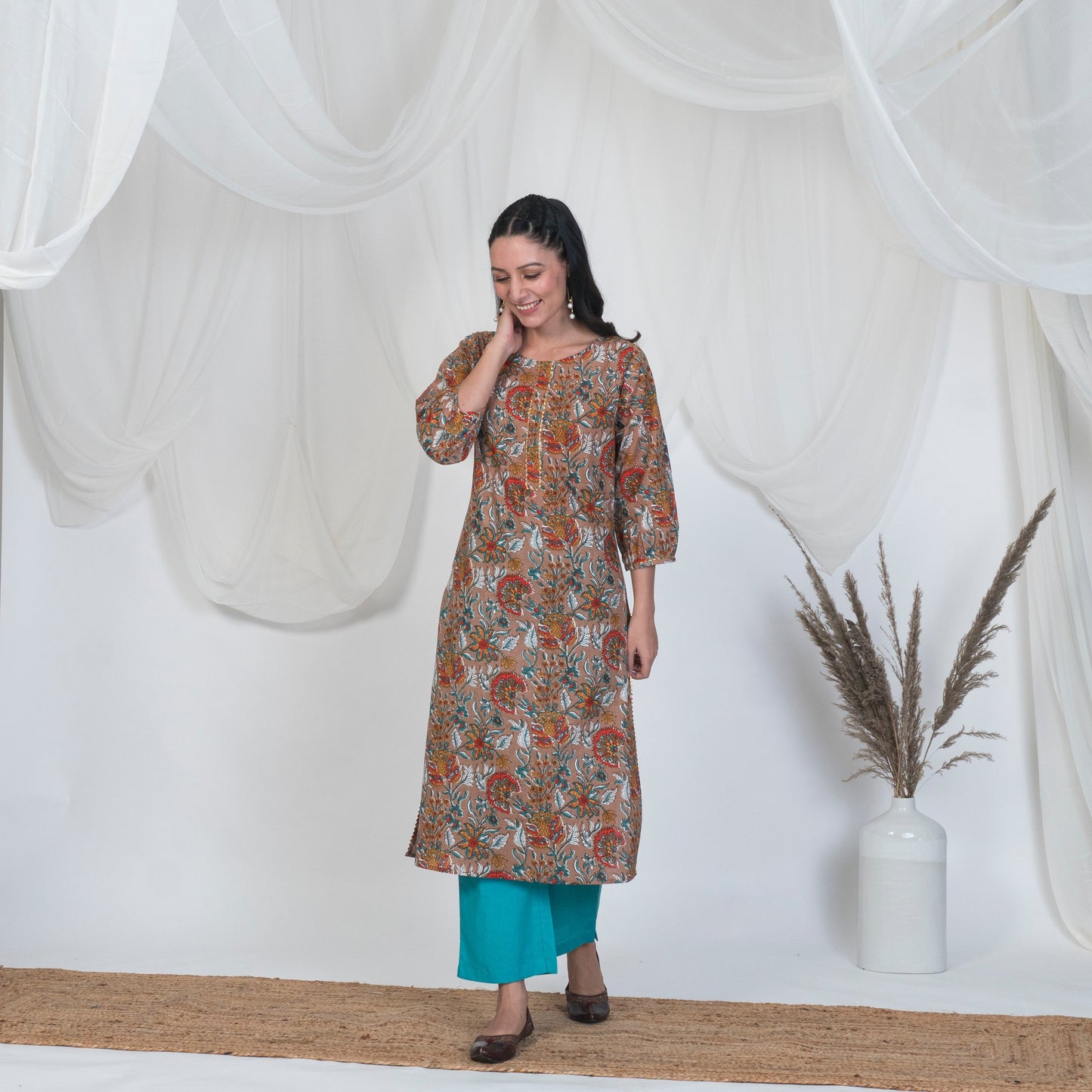 Hazel Brown Puff Sleeve Spring Kurta Set with Solid Pants and Emrboidered Dupatta