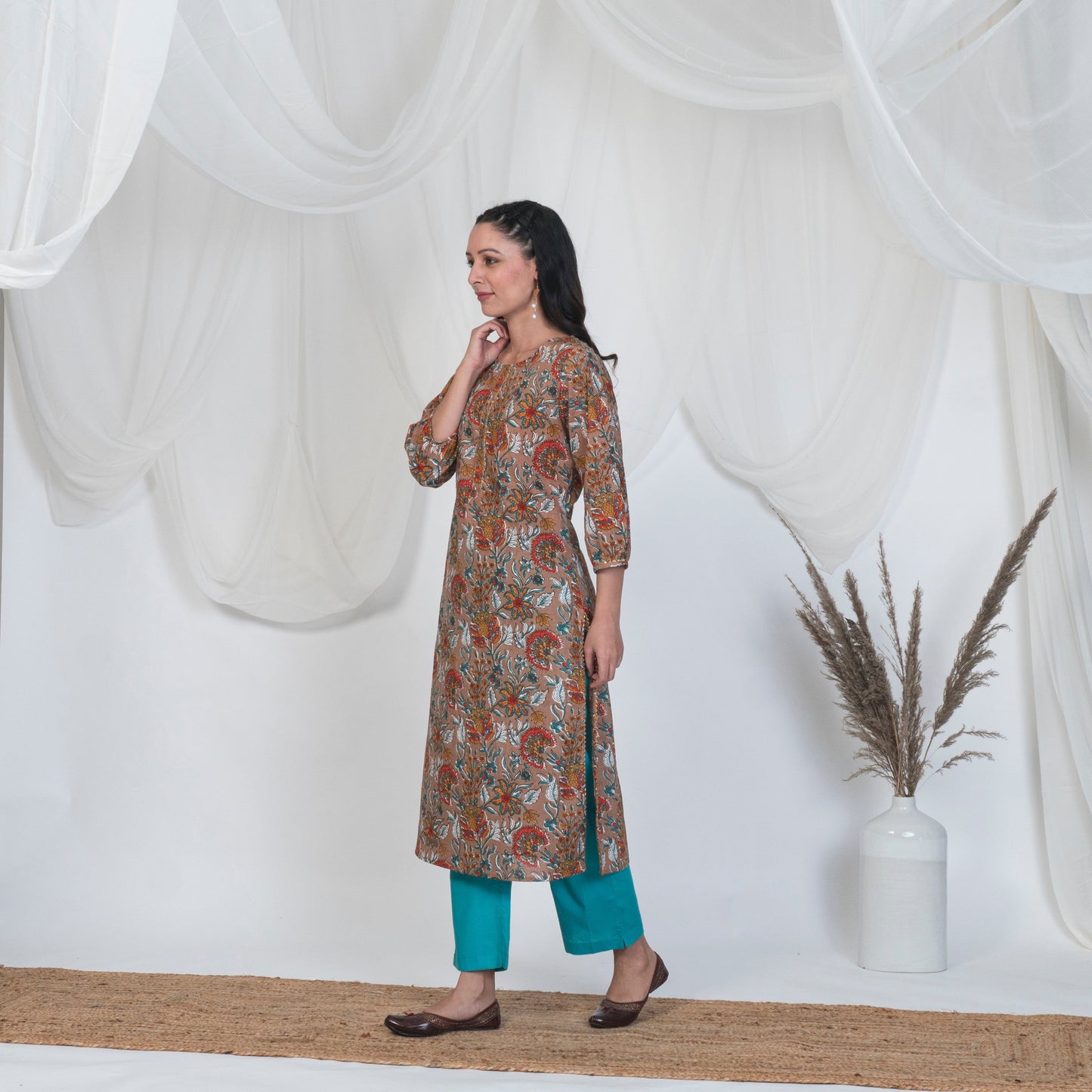 Hazel Brown Puff Sleeve Spring Kurta Set with Solid Pants and Emrboidered Dupatta
