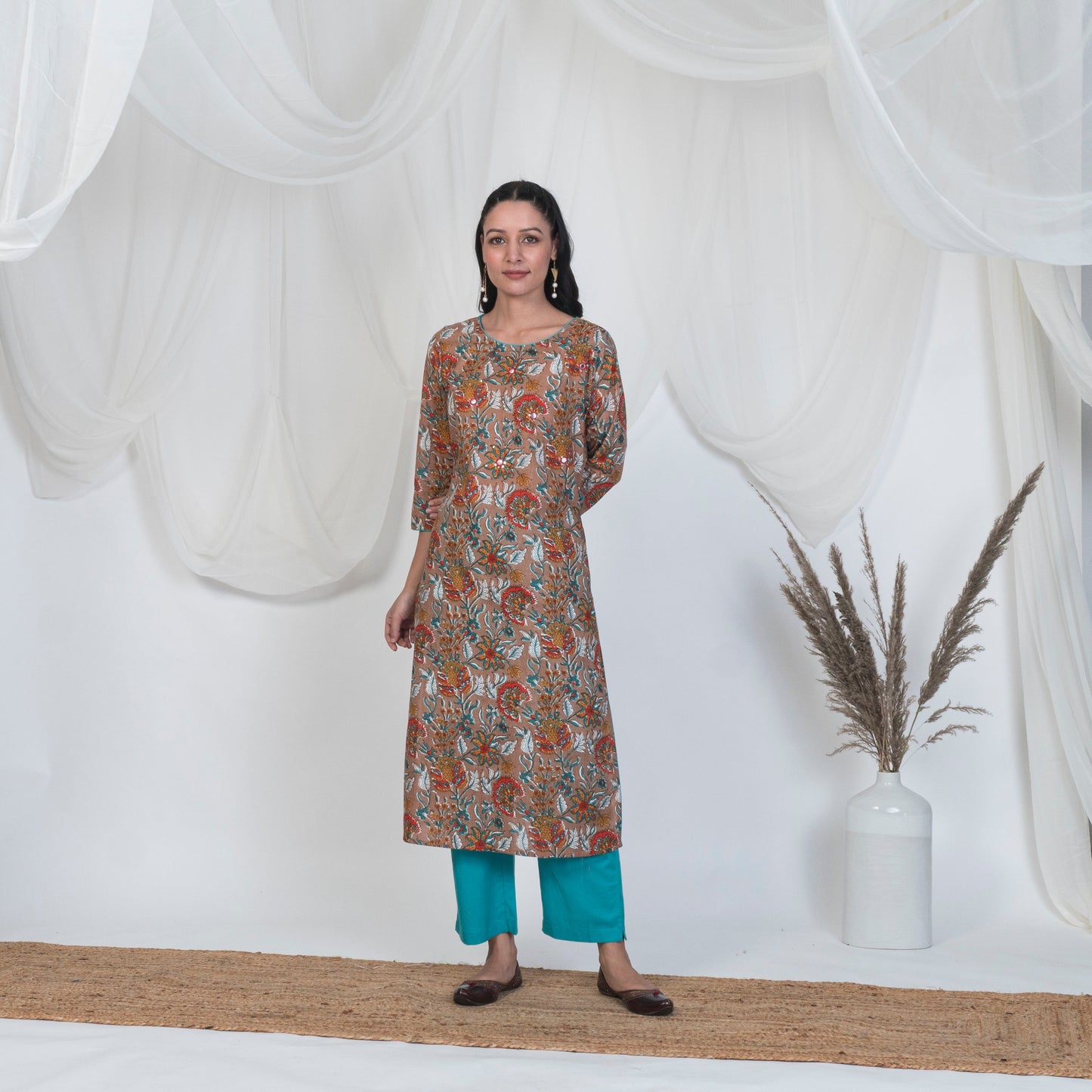Hazel Brown Kurta Set with embroidered yoke, Solid Pants and Embroidered Dupatta